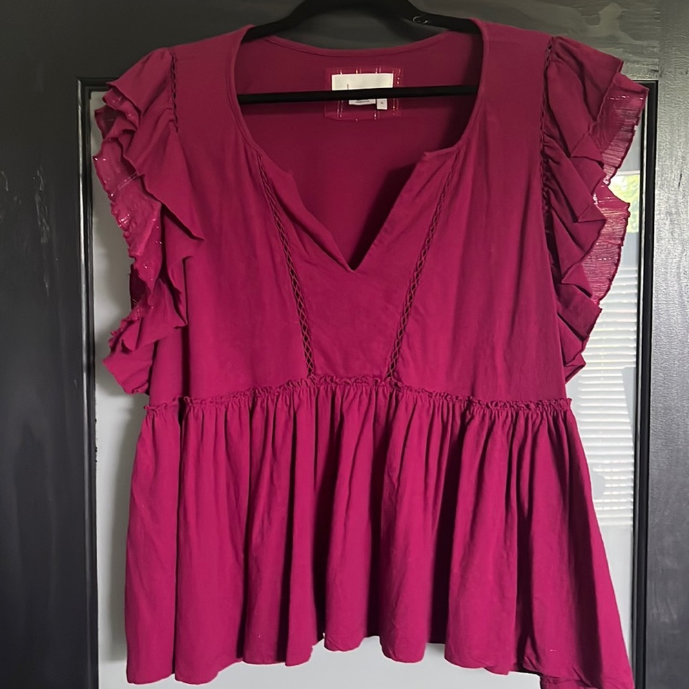 Anthropologie Magenta Flutter Sleeve Top XL